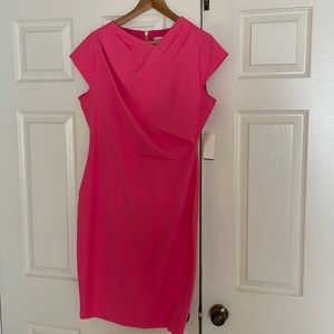 New with tags Neumann Marcus brand cap sleeved hot pink sheath dress. Slim fit.